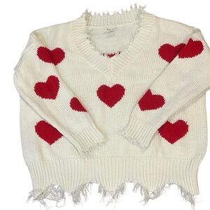Main Strip Red and White V-Neck Sweater with Distressed Hem Big Hearts Large